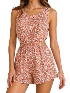 American Eagle Pink Floral Cut Out Romper Elastic Waist Size L Sleeveless